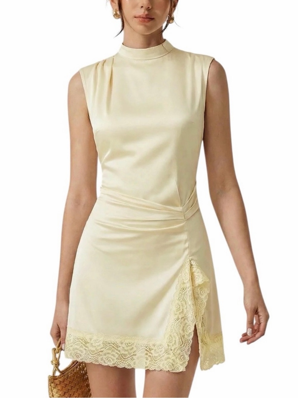Commense Cream Satin Lace Trim Mini Slip Dress Medium NWT